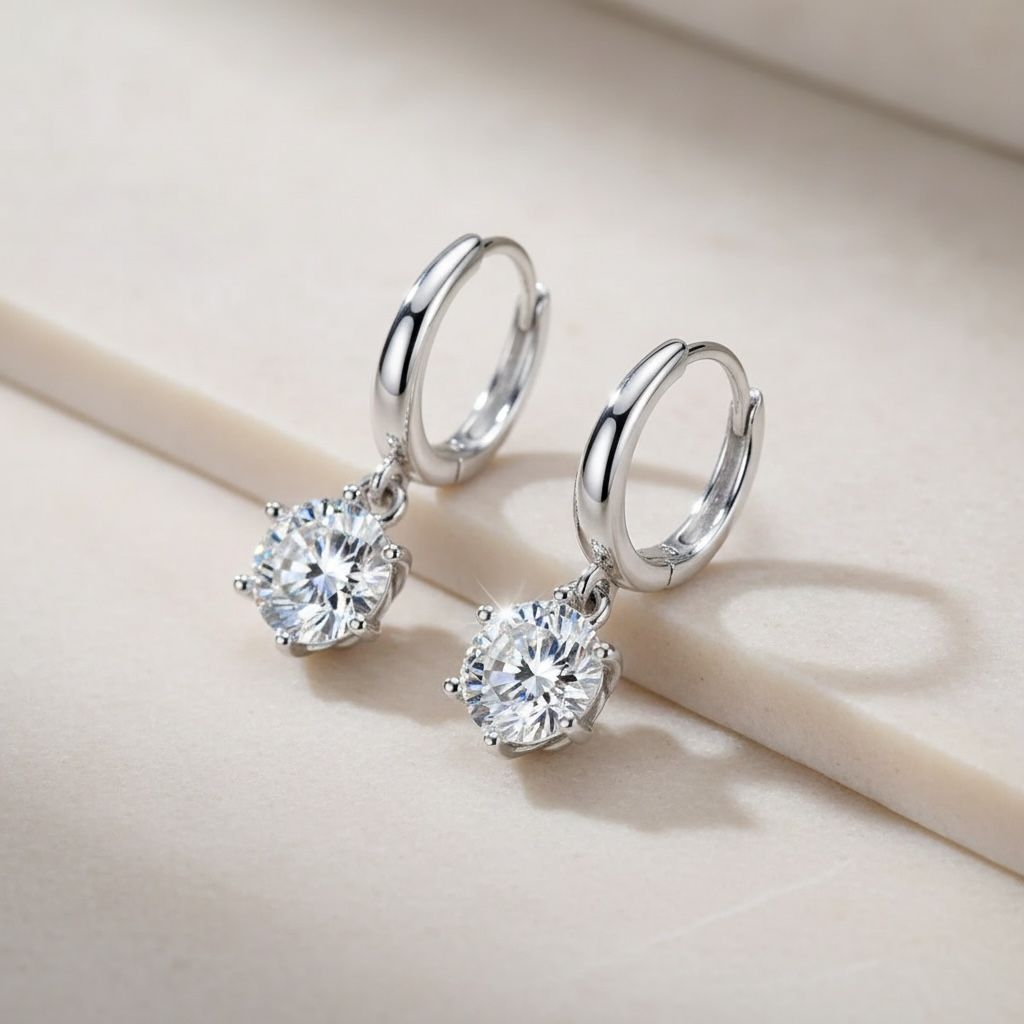 Moissanite Dangle Hoop Earrings | 925 Sterling Silver Diamond Drop Huggies | Small Silver Diamond Hoops | Everyday Sparkle Earrings