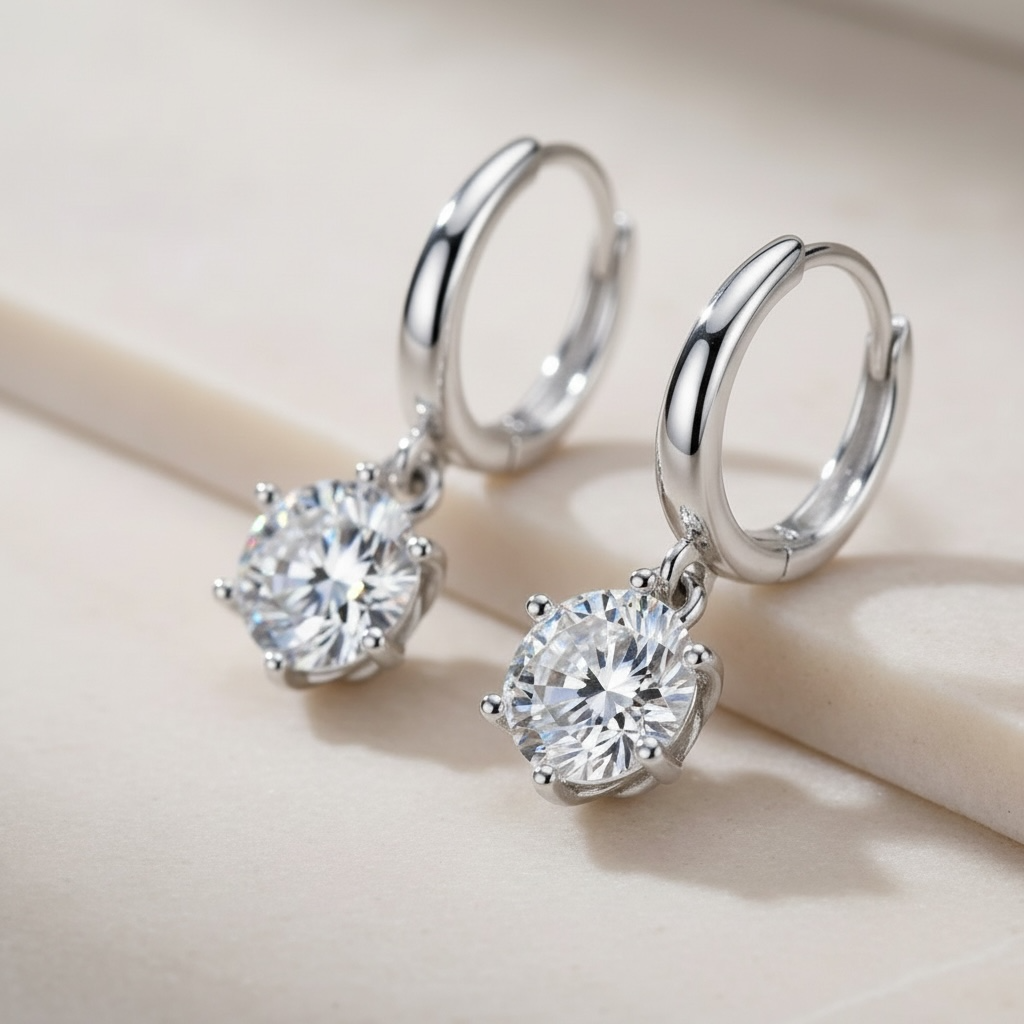 Moissanite Dangle Hoop Earrings | 925 Sterling Silver Diamond Drop Huggies | Small Silver Diamond Hoops | Everyday Sparkle Earrings