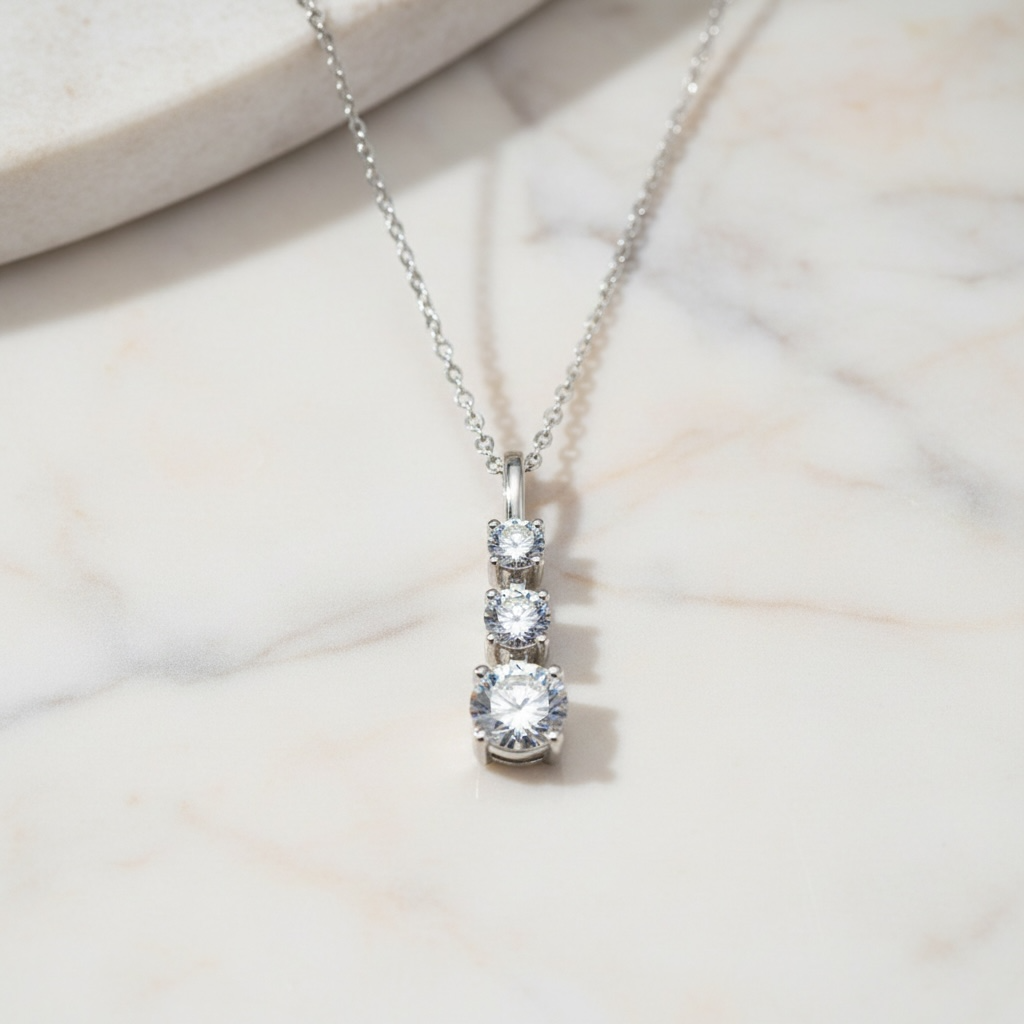 Triple Moissanite Necklace | Vertical Trilogy Diamond Pendant | 925 Sterling Silver Minimalist Linear Pendant | Past Present Future Gift