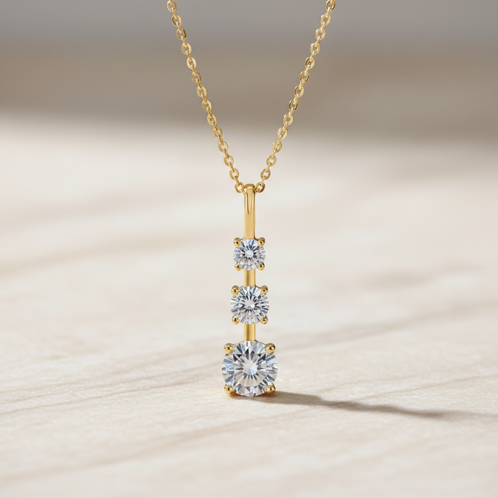 Triple Moissanite Necklace | Vertical Trilogy Diamond Pendant | 925 Sterling Silver Minimalist Linear Pendant | Past Present Future Gift