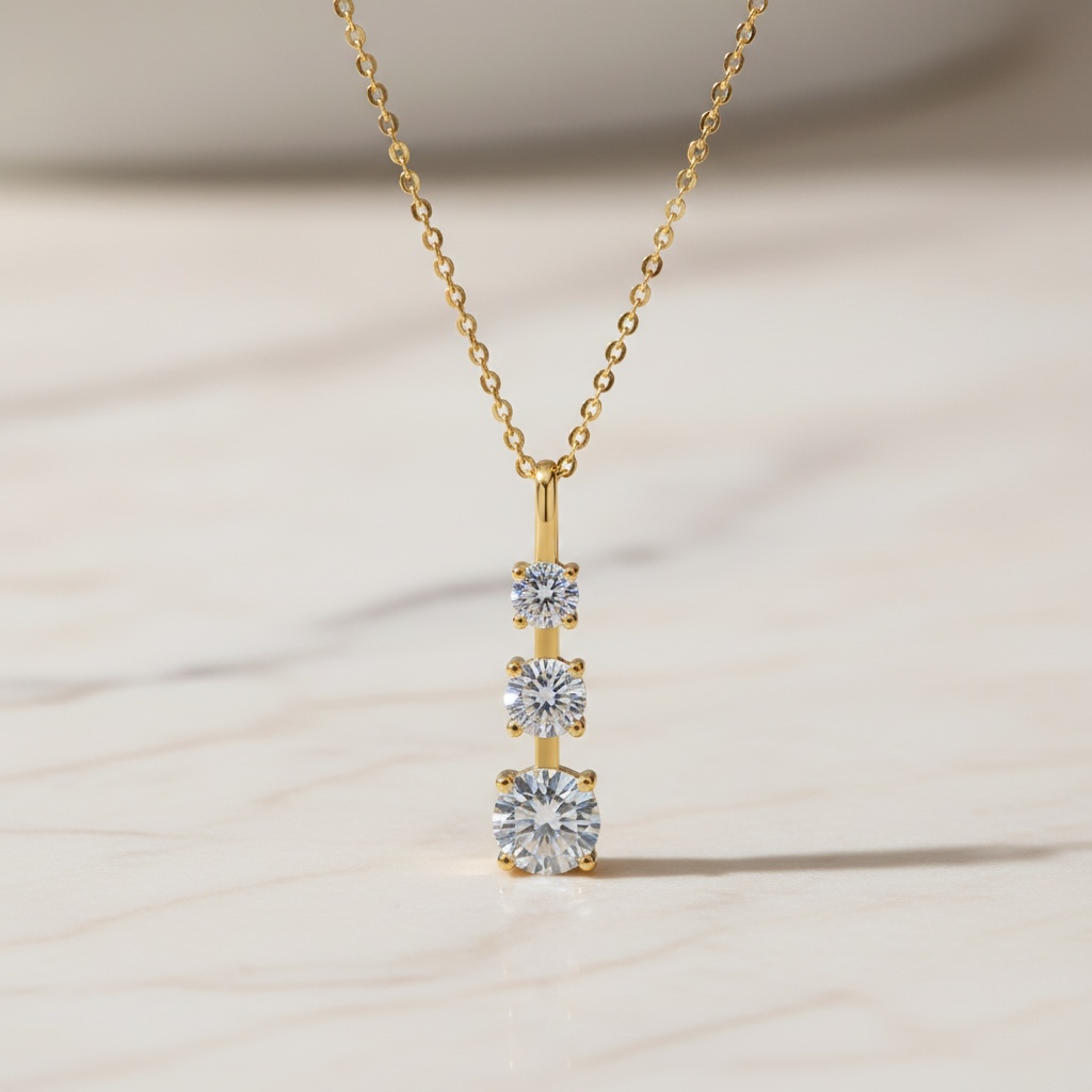 Triple Moissanite Necklace | Vertical Trilogy Diamond Pendant | 925 Sterling Silver Minimalist Linear Pendant | Past Present Future Gift