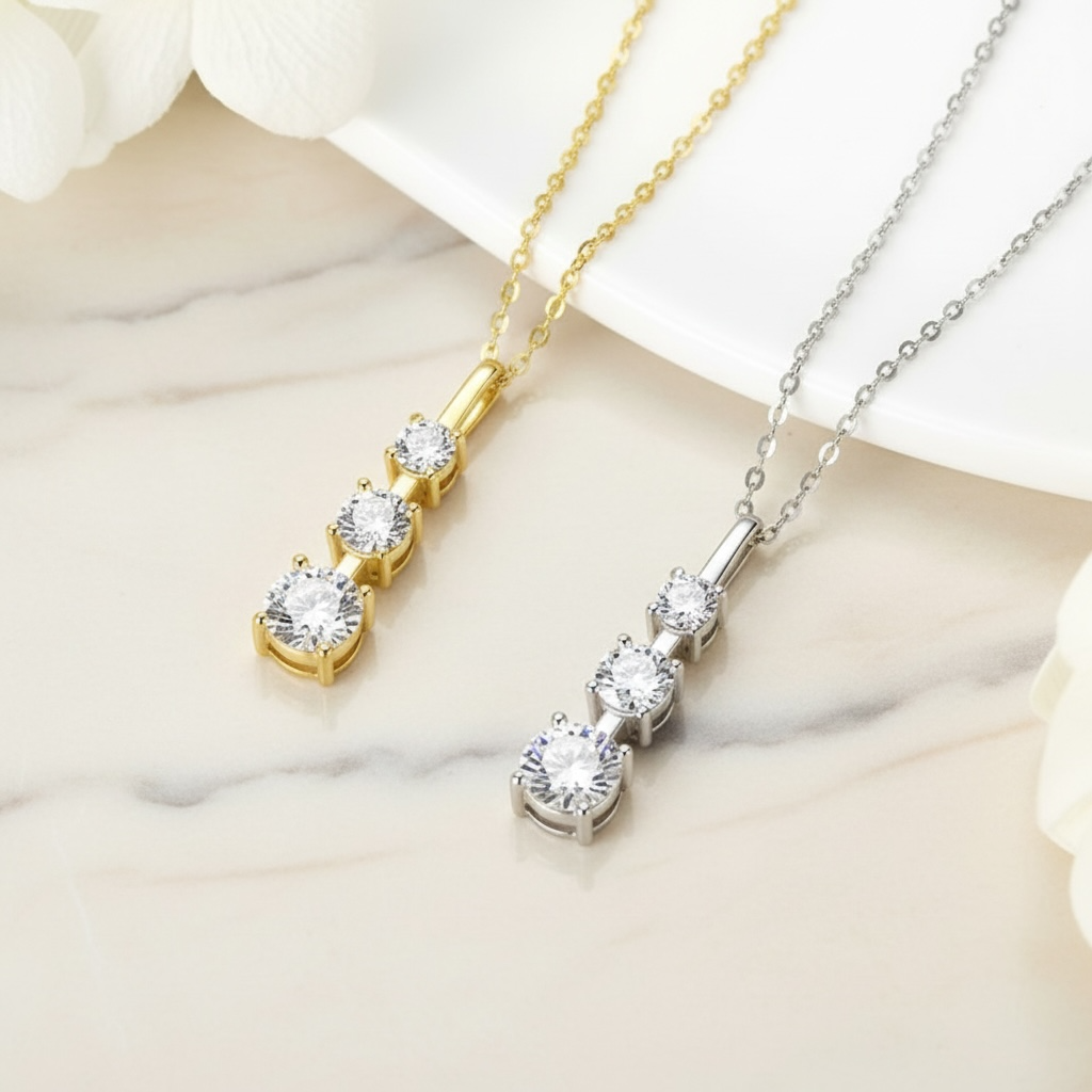 Triple Moissanite Necklace | Vertical Trilogy Diamond Pendant | 925 Sterling Silver Minimalist Linear Pendant | Past Present Future Gift