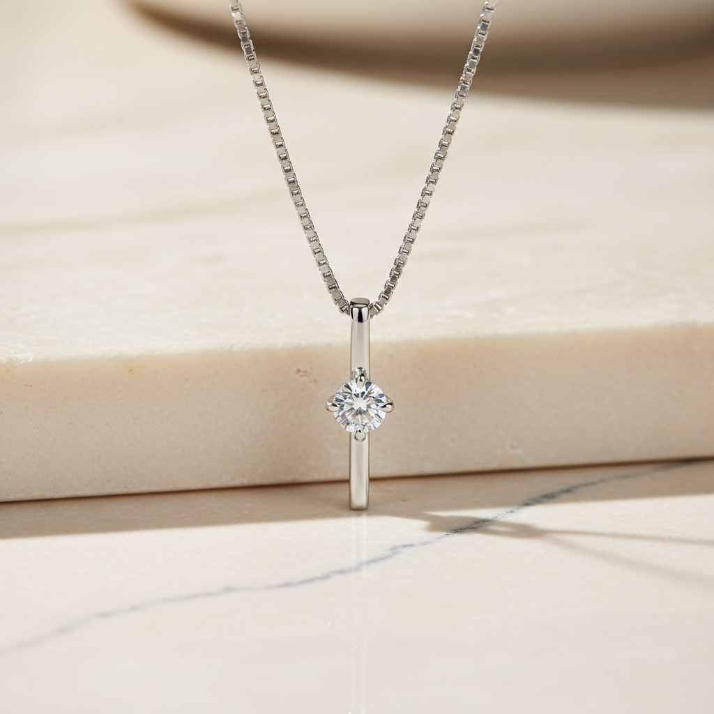 Moissanite Vertical Bar Necklace | Dainty Gold or Silver Solitaire Pendant | Minimalist Sterling Silver Diamond Necklace