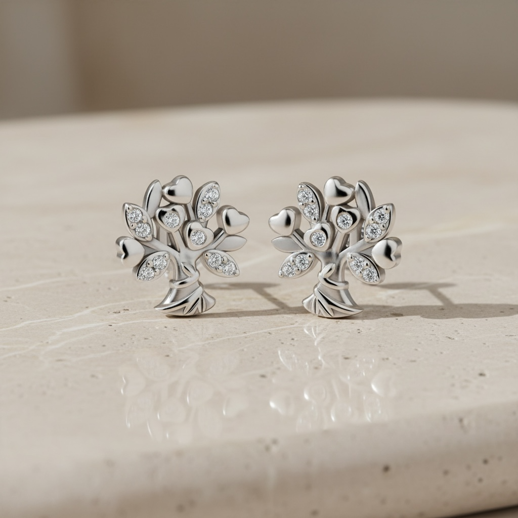 Tree of Life Stud Earrings in Sterling Silver, Dainty Flower Bouquet CZ Earrings, Graduation Gift for Daughter, Nature Jewelry