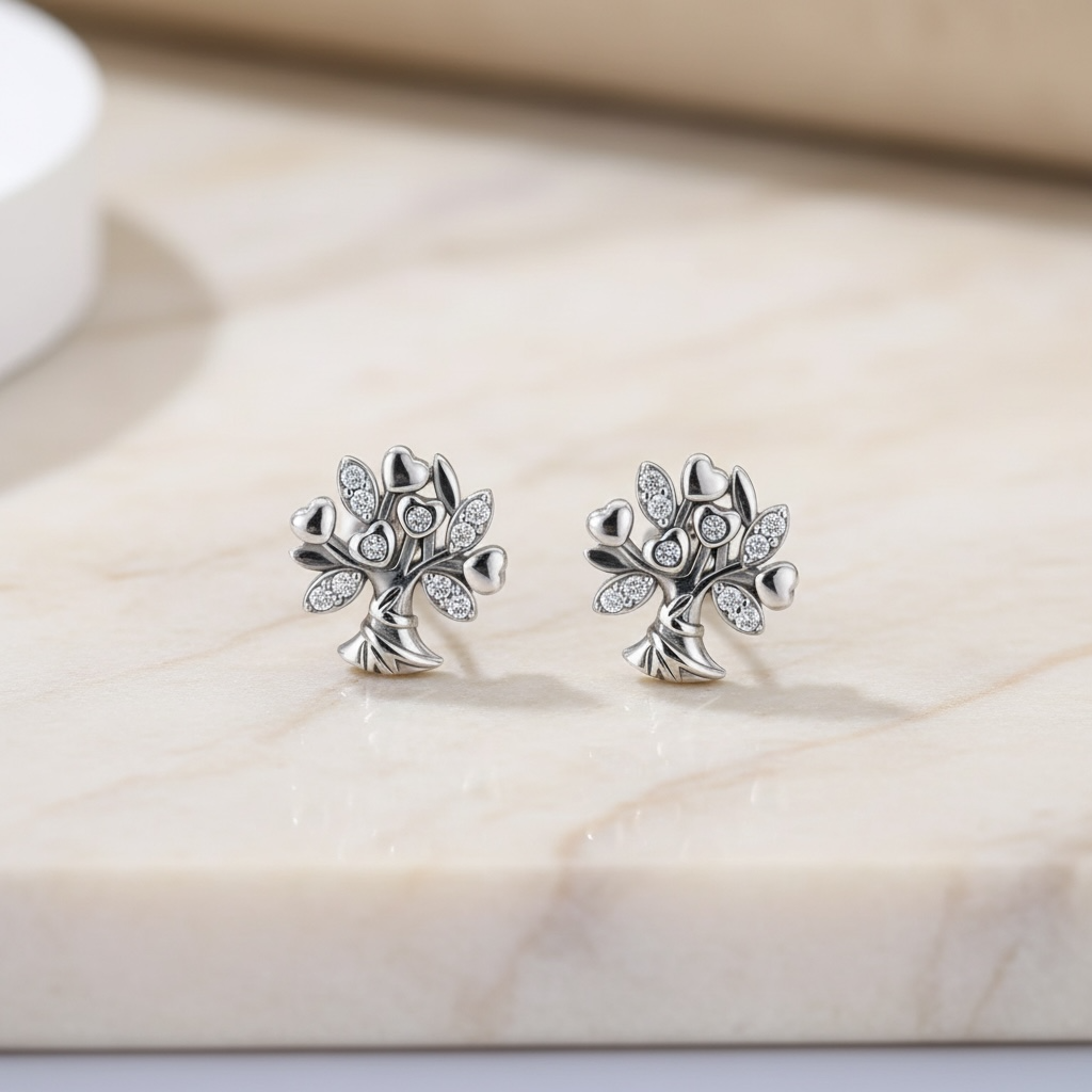 Tree of Life Stud Earrings in Sterling Silver, Dainty Flower Bouquet CZ Earrings, Graduation Gift for Daughter, Nature Jewelry