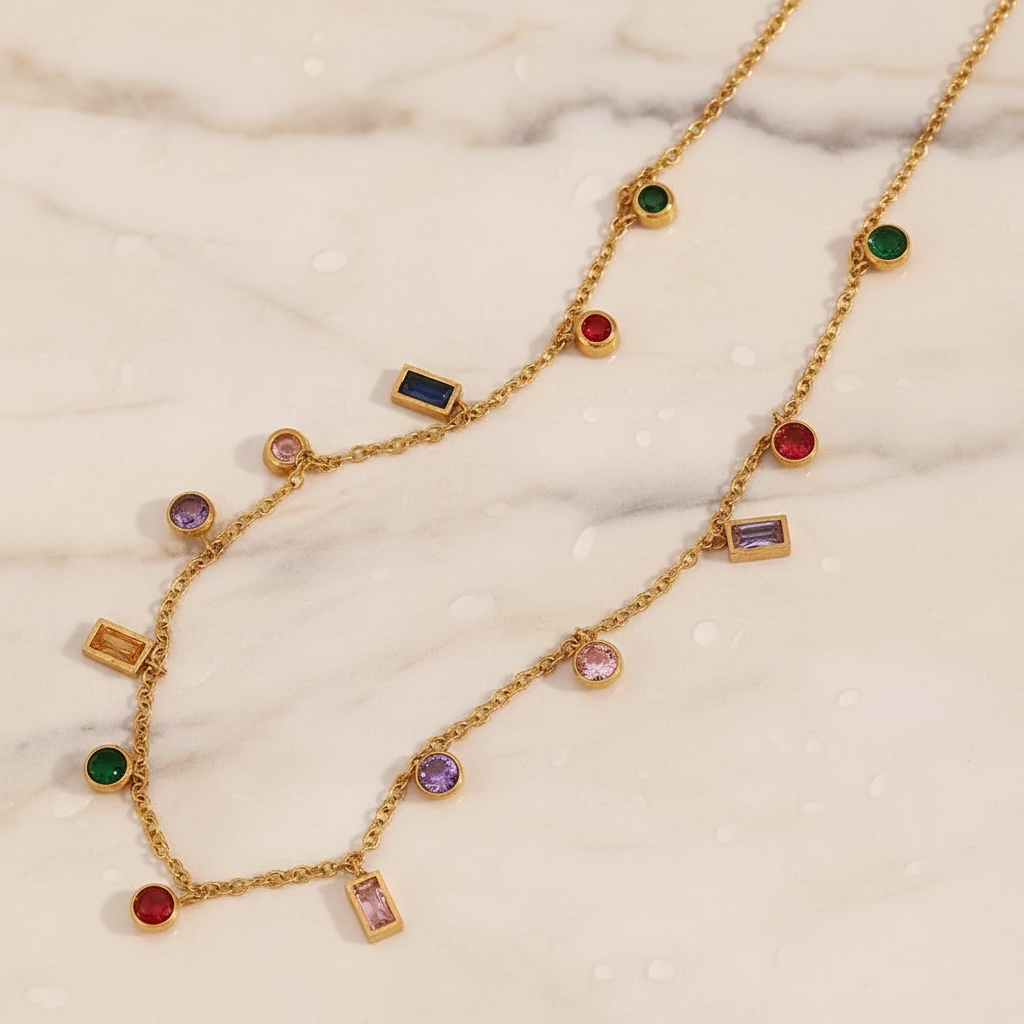 Multicolor Gemstone Necklace Gold | Rainbow CZ Choker | Colorful Baguette & Round Charm Necklace | Stainless Steel Layering Chain