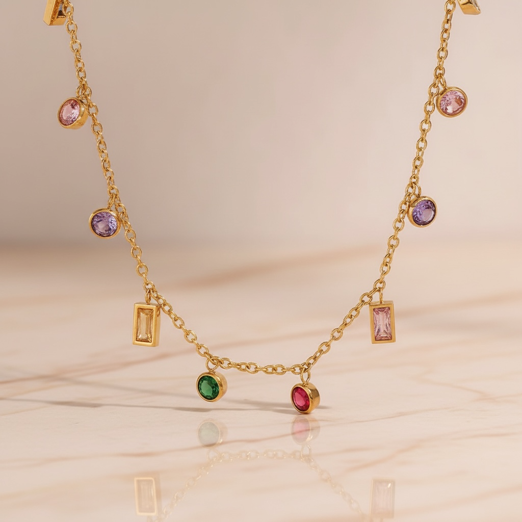 Multicolor Gemstone Necklace Gold | Rainbow CZ Choker | Colorful Baguette & Round Charm Necklace | Stainless Steel Layering Chain