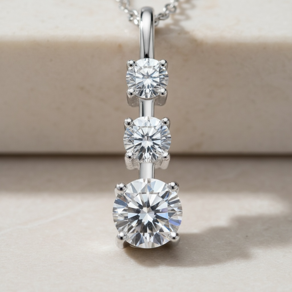 Triple Moissanite Necklace | Vertical Trilogy Diamond Pendant | 925 Sterling Silver Minimalist Linear Pendant | Past Present Future Gift