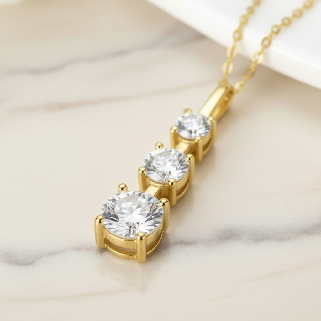 Triple Moissanite Necklace | Vertical Trilogy Diamond Pendant | 925 Sterling Silver Minimalist Linear Pendant | Past Present Future Gift
