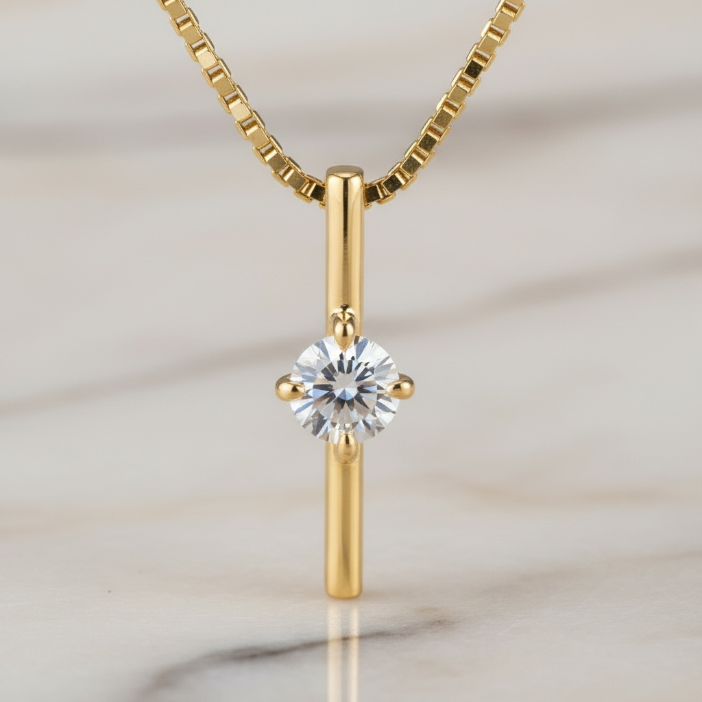 Moissanite Vertical Bar Necklace | Dainty Gold or Silver Solitaire Pendant | Minimalist Sterling Silver Diamond Necklace