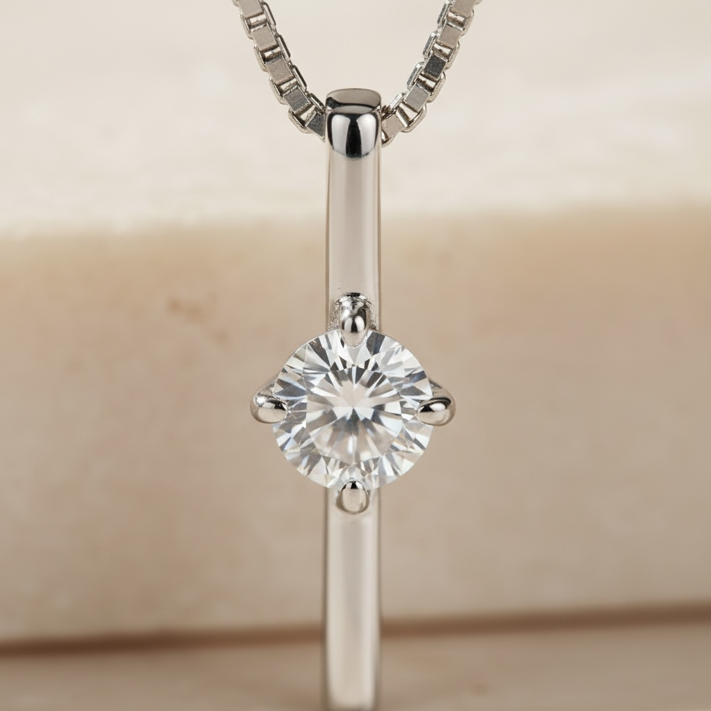 Moissanite Vertical Bar Necklace | Dainty Gold or Silver Solitaire Pendant | Minimalist Sterling Silver Diamond Necklace