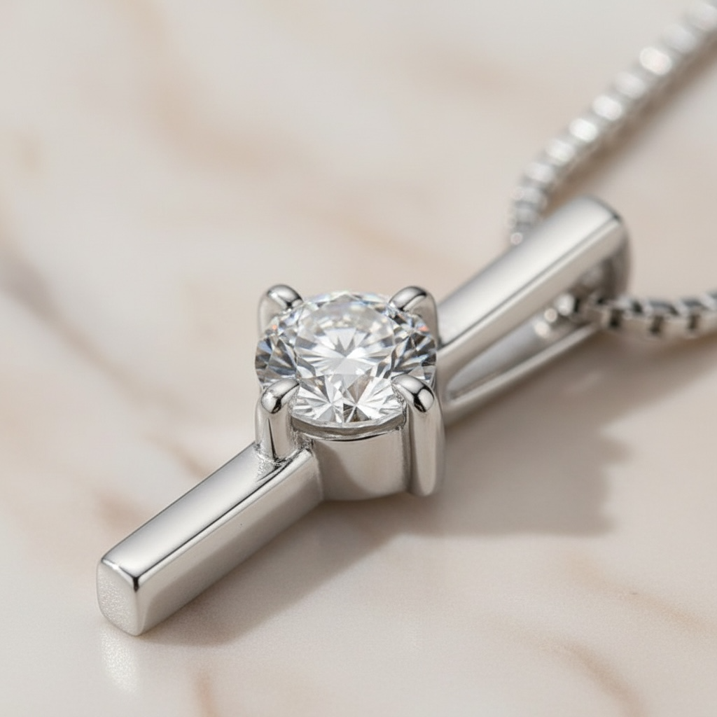 Moissanite Vertical Bar Necklace | Dainty Gold or Silver Solitaire Pendant | Minimalist Sterling Silver Diamond Necklace