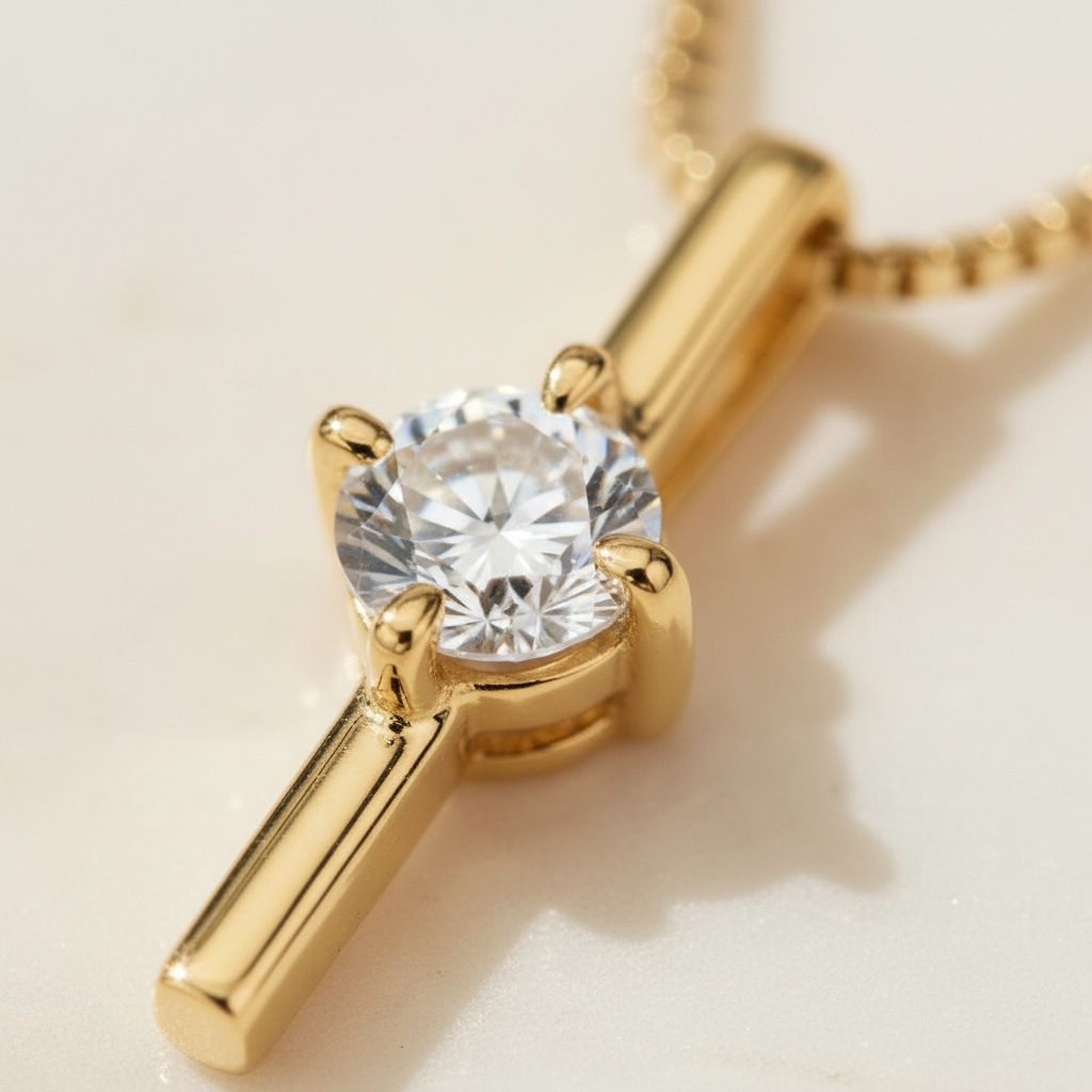 Moissanite Vertical Bar Necklace | Dainty Gold or Silver Solitaire Pendant | Minimalist Sterling Silver Diamond Necklace