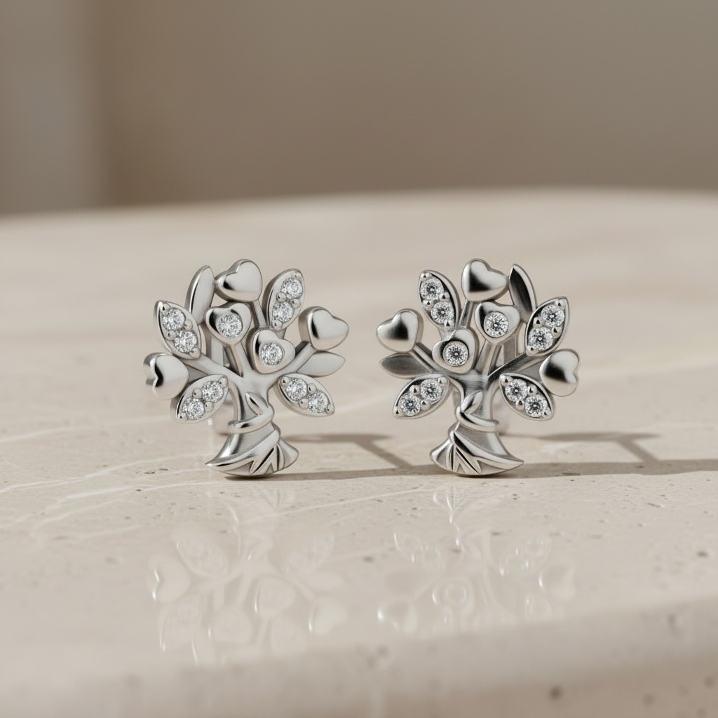 Tree of Life Stud Earrings in Sterling Silver, Dainty Flower Bouquet CZ Earrings, Graduation Gift for Daughter, Nature Jewelry