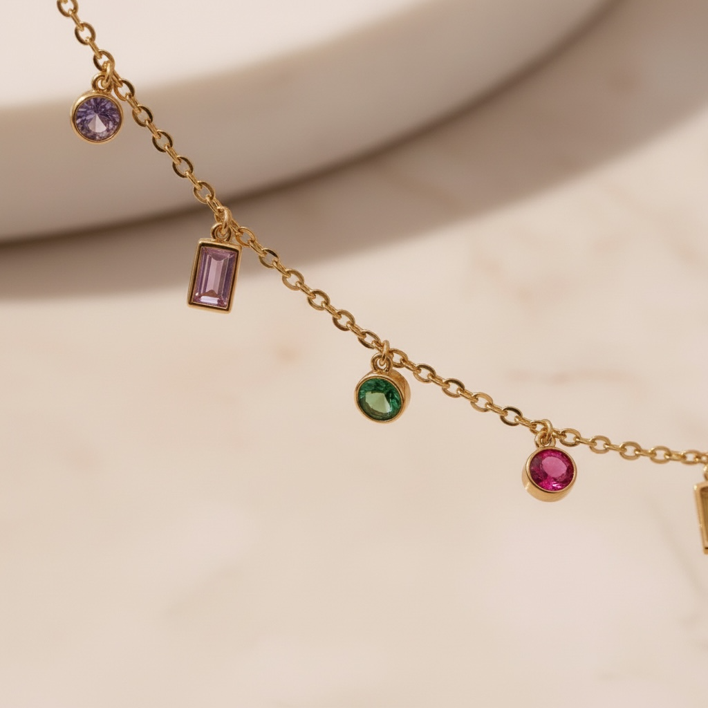 Multicolor Gemstone Necklace Gold | Rainbow CZ Choker | Colorful Baguette & Round Charm Necklace | Stainless Steel Layering Chain