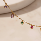 Multicolor Gemstone Necklace Gold | Rainbow CZ Choker | Colorful Baguette & Round Charm Necklace | Stainless Steel Layering Chain