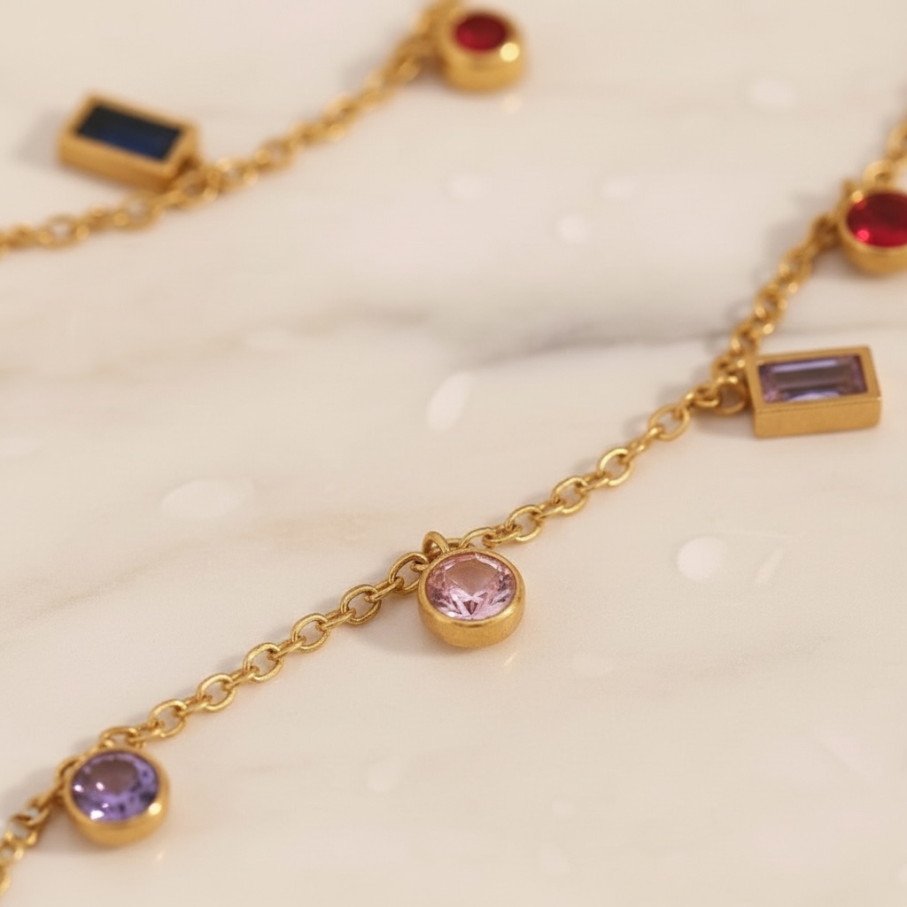 Multicolor Gemstone Necklace Gold | Rainbow CZ Choker | Colorful Baguette & Round Charm Necklace | Stainless Steel Layering Chain