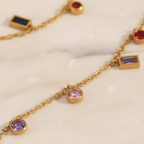 Multicolor Gemstone Necklace Gold | Rainbow CZ Choker | Colorful Baguette & Round Charm Necklace | Stainless Steel Layering Chain