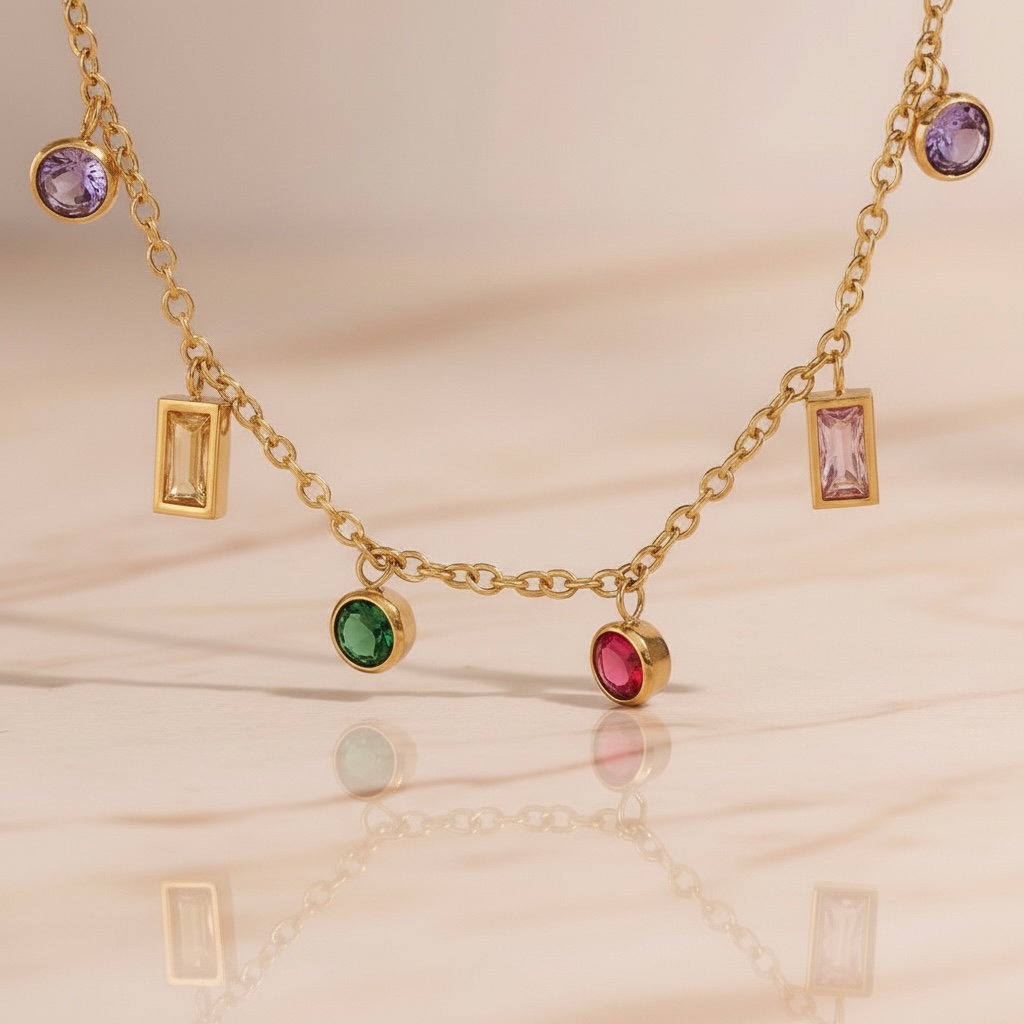 Multicolor Gemstone Necklace Gold | Rainbow CZ Choker | Colorful Baguette & Round Charm Necklace | Stainless Steel Layering Chain