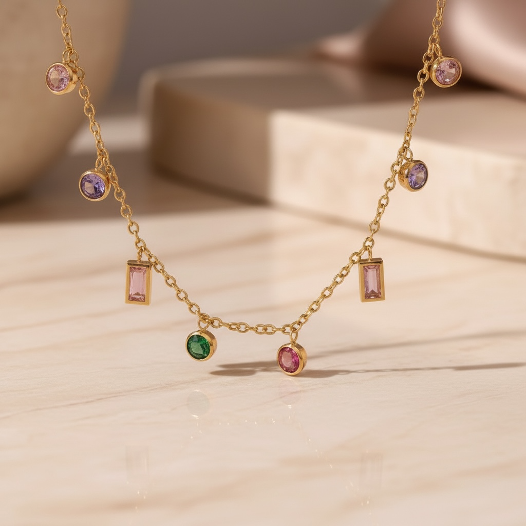 Multicolor Gemstone Necklace Gold | Rainbow CZ Choker | Colorful Baguette & Round Charm Necklace | Stainless Steel Layering Chain