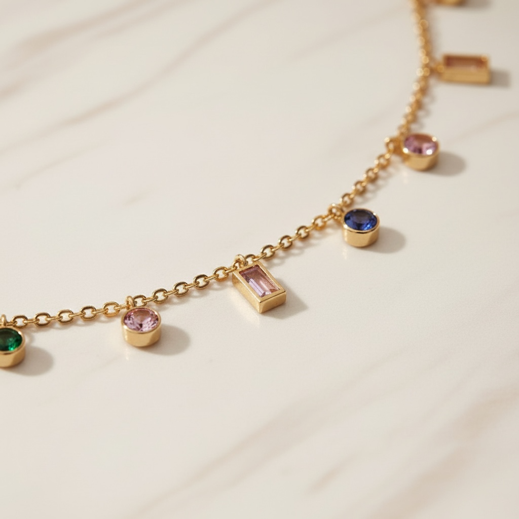Multicolor Gemstone Necklace Gold | Rainbow CZ Choker | Colorful Baguette & Round Charm Necklace | Stainless Steel Layering Chain
