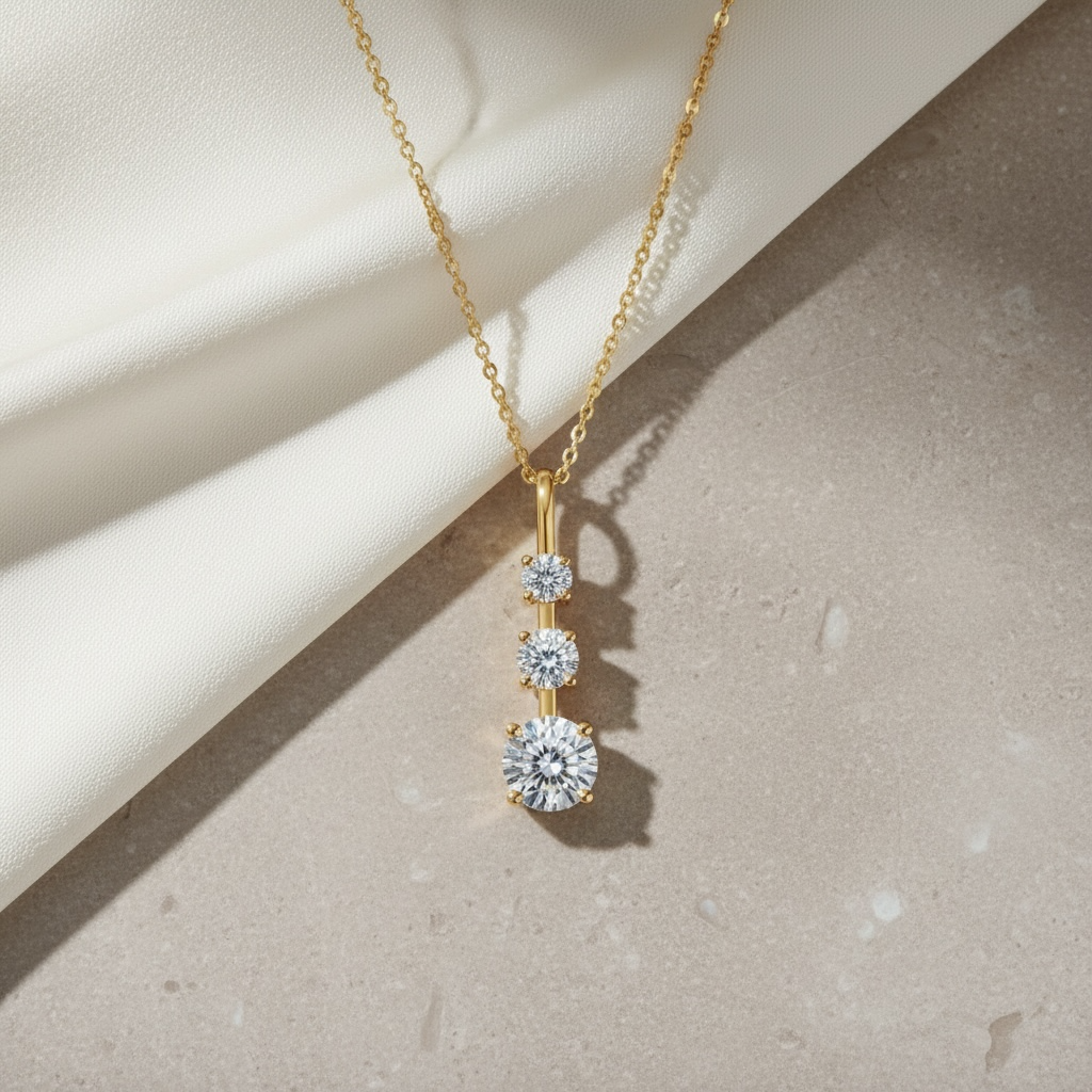 Triple Moissanite Necklace | Vertical Trilogy Diamond Pendant | 925 Sterling Silver Minimalist Linear Pendant | Past Present Future Gift