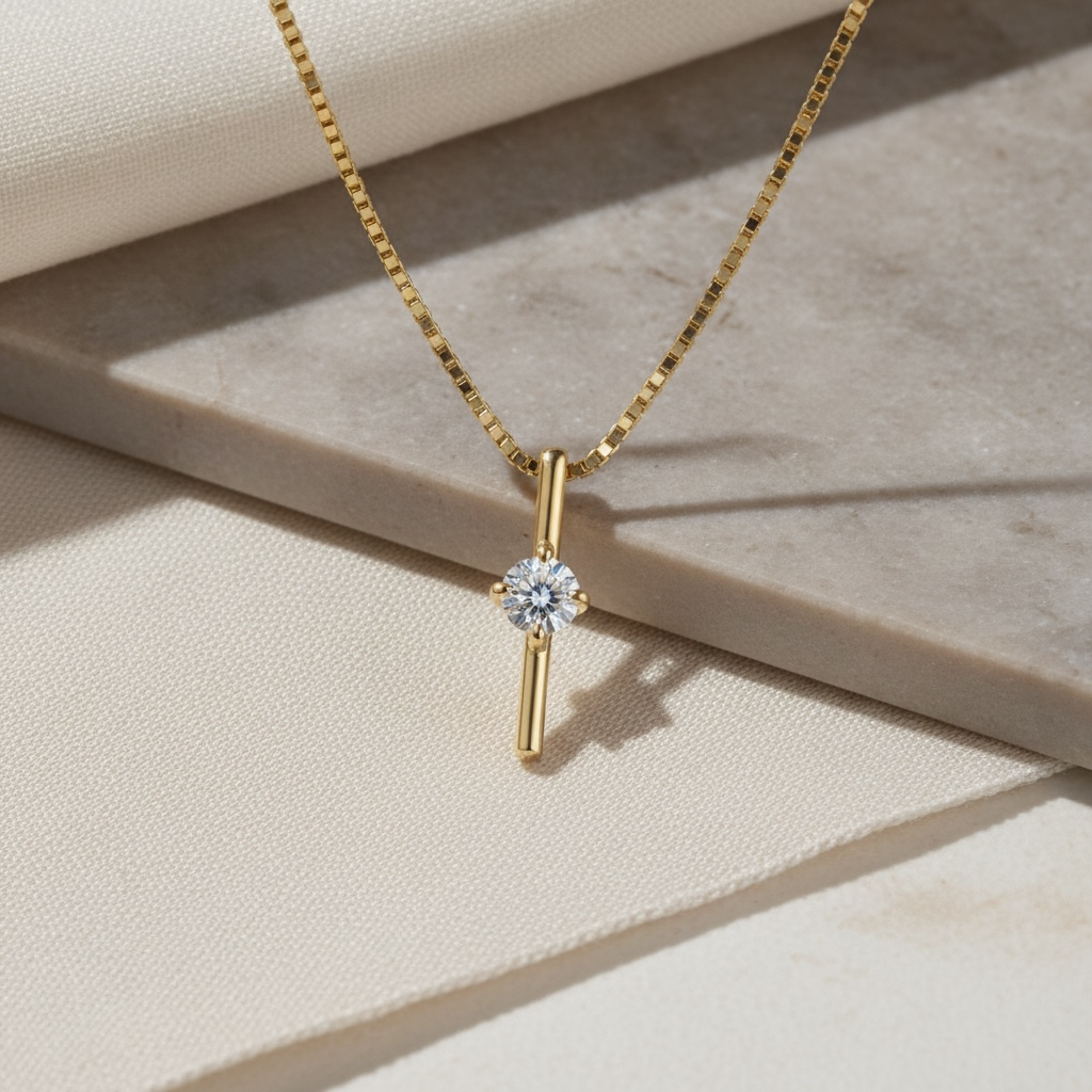 Moissanite Vertical Bar Necklace | Dainty Gold or Silver Solitaire Pendant | Minimalist Sterling Silver Diamond Necklace