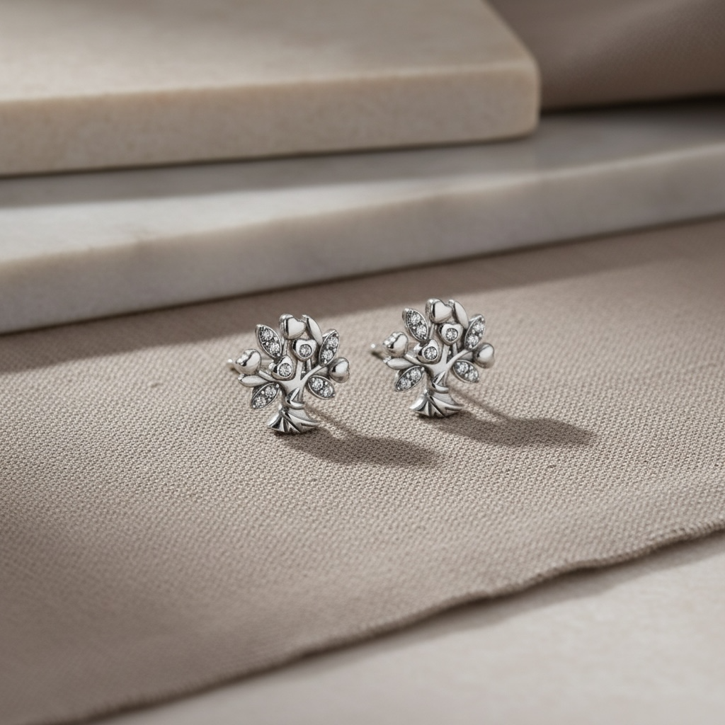 Tree of Life Stud Earrings in Sterling Silver, Dainty Flower Bouquet CZ Earrings, Graduation Gift for Daughter, Nature Jewelry