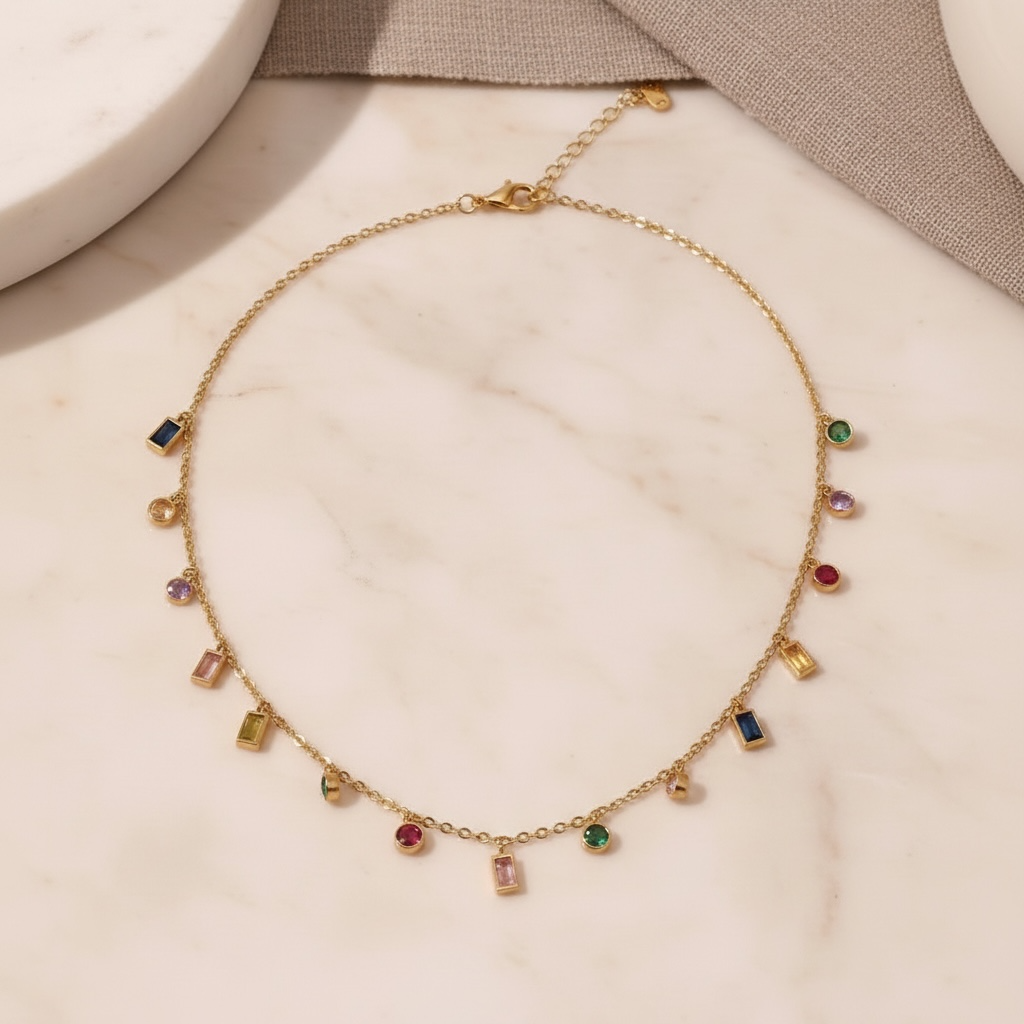 Multicolor Gemstone Necklace Gold | Rainbow CZ Choker | Colorful Baguette & Round Charm Necklace | Stainless Steel Layering Chain
