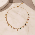 Multicolor Gemstone Necklace Gold | Rainbow CZ Choker | Colorful Baguette & Round Charm Necklace | Stainless Steel Layering Chain