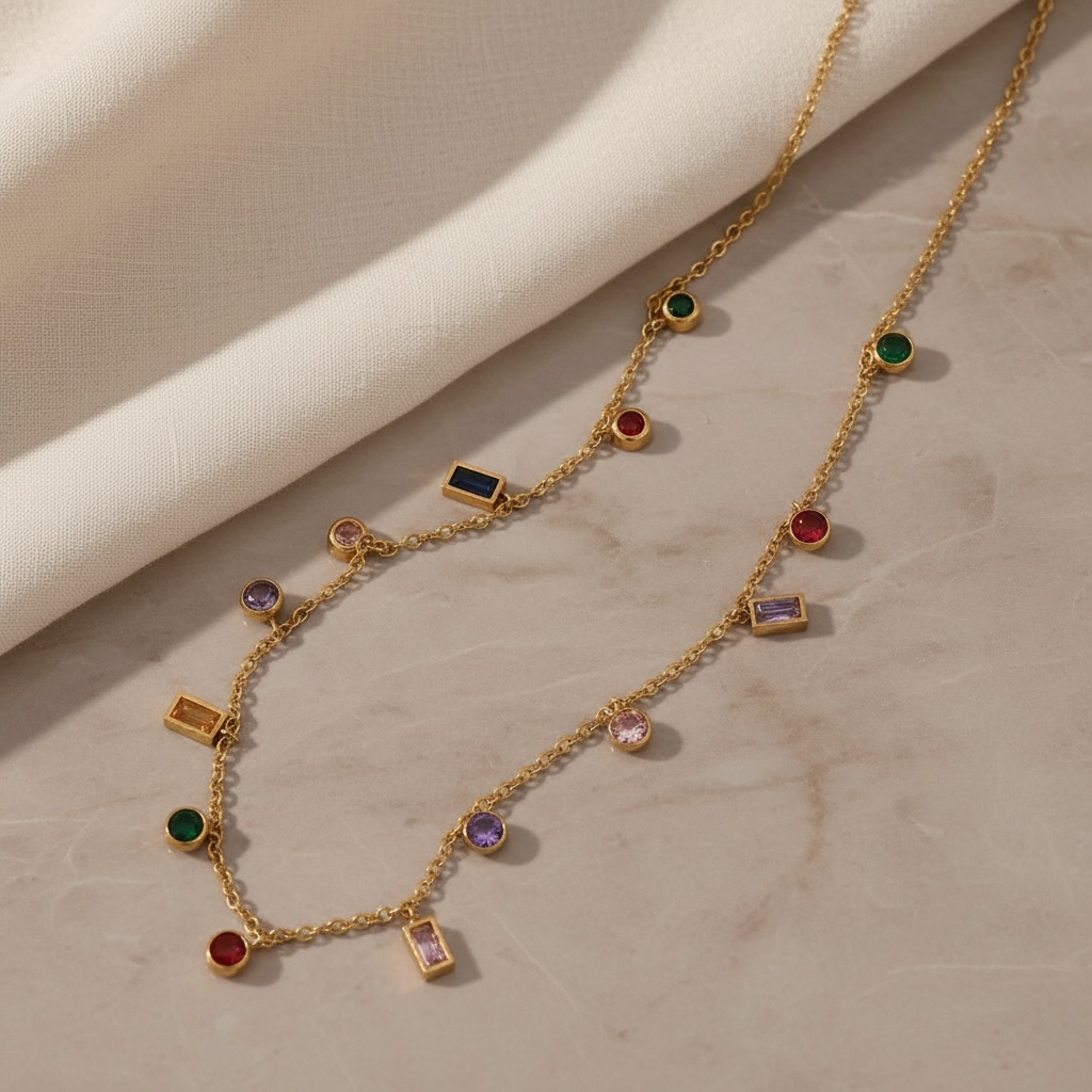 Multicolor Gemstone Necklace Gold | Rainbow CZ Choker | Colorful Baguette & Round Charm Necklace | Stainless Steel Layering Chain