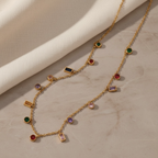 Multicolor Gemstone Necklace Gold | Rainbow CZ Choker | Colorful Baguette & Round Charm Necklace | Stainless Steel Layering Chain