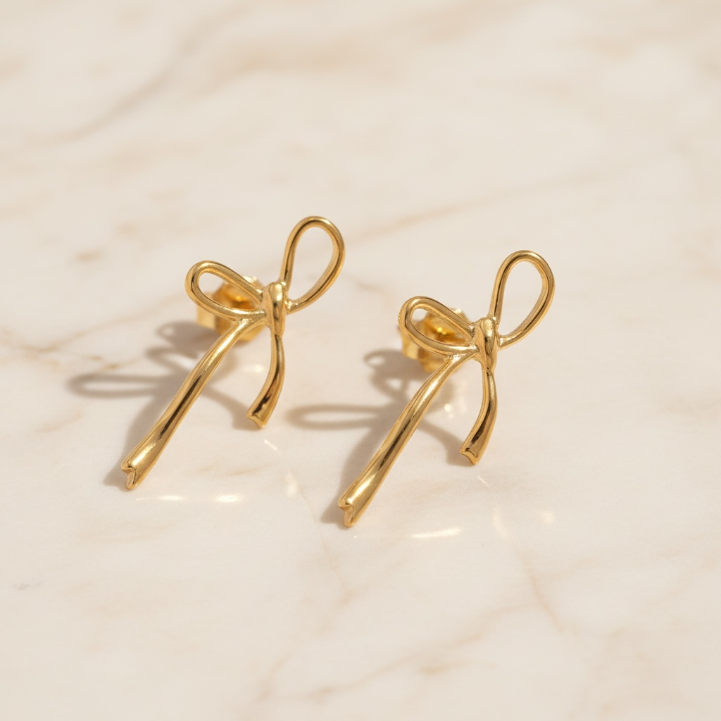 Ribbon Bow Earrings in 14K Gold | Gold Bow Stud Earrings | Waterproof Stainless Steel Dainty Y2K Minimalist Studs