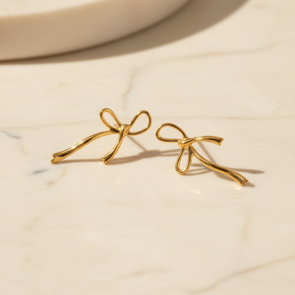 Ribbon Bow Earrings in 14K Gold | Gold Bow Stud Earrings | Waterproof Stainless Steel Dainty Y2K Minimalist Studs