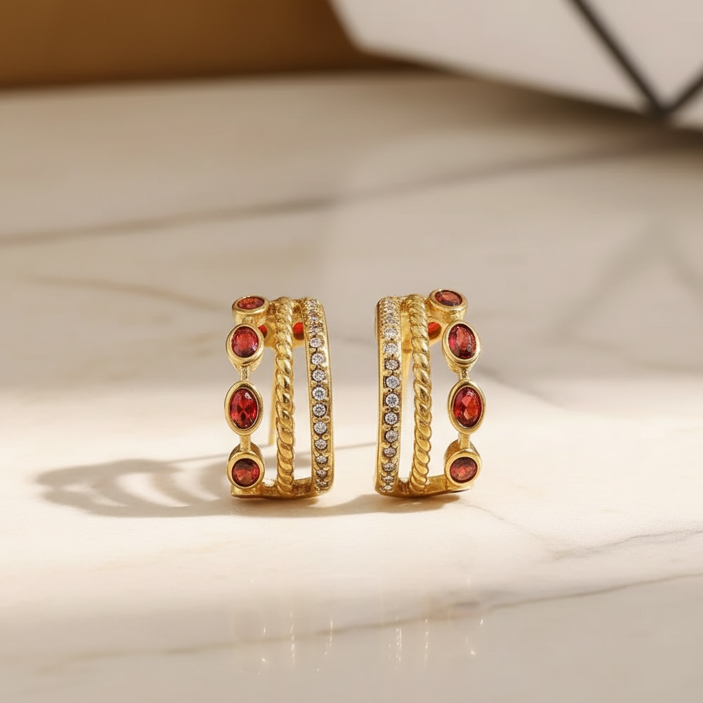 Gold Garnet Triple Hoop Earrings, January Birthstone Huggies, Oval Red Gemstone 18K Gold Stainless Steel Statement Hoops