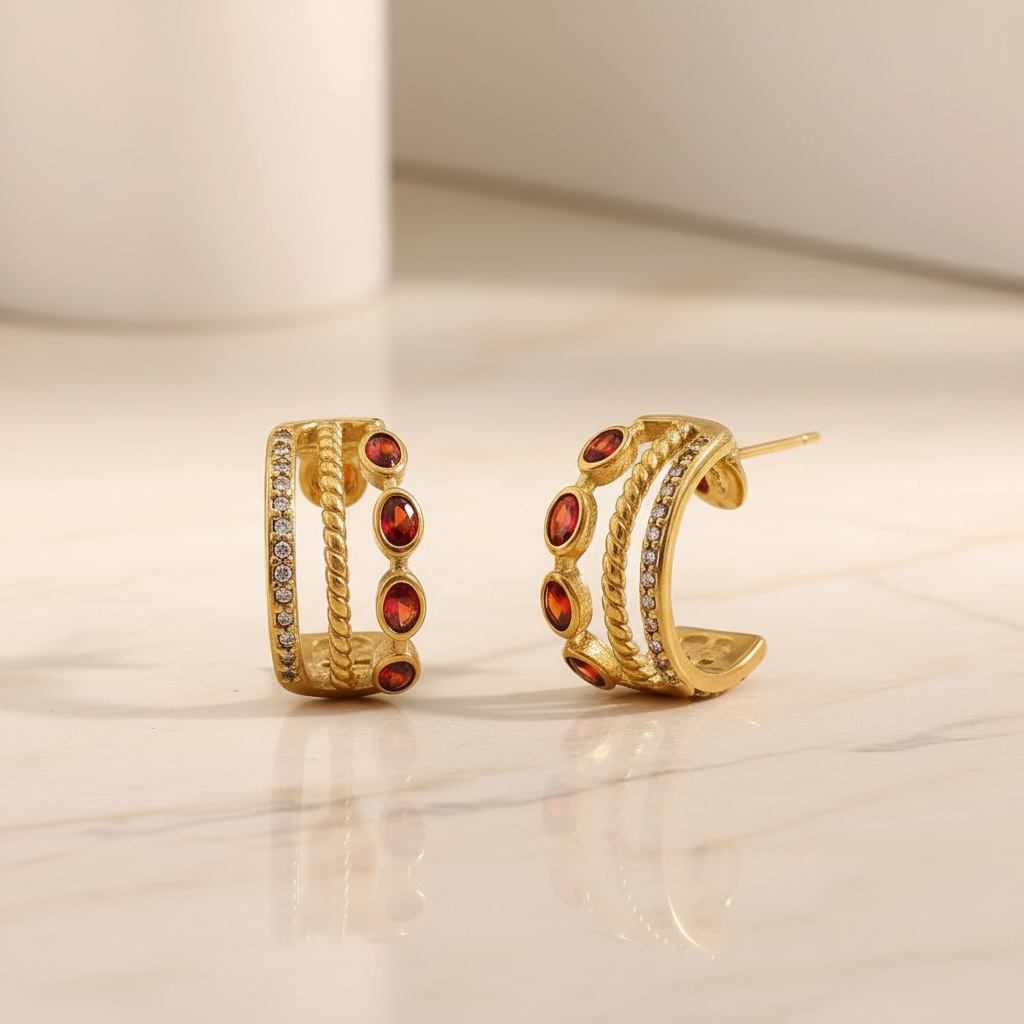 Gold Garnet Triple Hoop Earrings, January Birthstone Huggies, Oval Red Gemstone 18K Gold Stainless Steel Statement Hoops