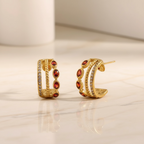 Gold Garnet Triple Hoop Earrings, January Birthstone Huggies, Oval Red Gemstone 18K Gold Stainless Steel Statement Hoops