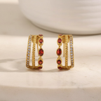 Gold Garnet Triple Hoop Earrings, January Birthstone Huggies, Oval Red Gemstone 18K Gold Stainless Steel Statement Hoops