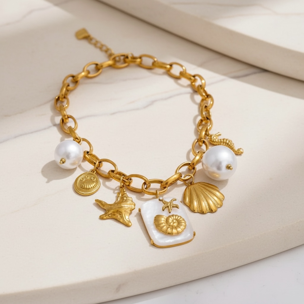 Coastal Chunky Gold Charm Necklace, Chunky Pearl Summer Choker, Mediterranean Beach Jewelry, Trendy Gold Statement Necklace