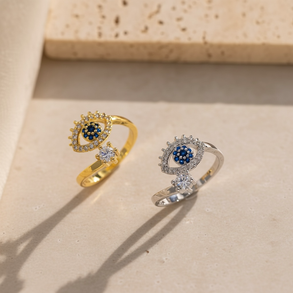 Adjustable Evil Eye Ring in Gold or Silver | CZ Stacking Ring | Dainty Protection Ring | Thin Delicate Good Luck Charm