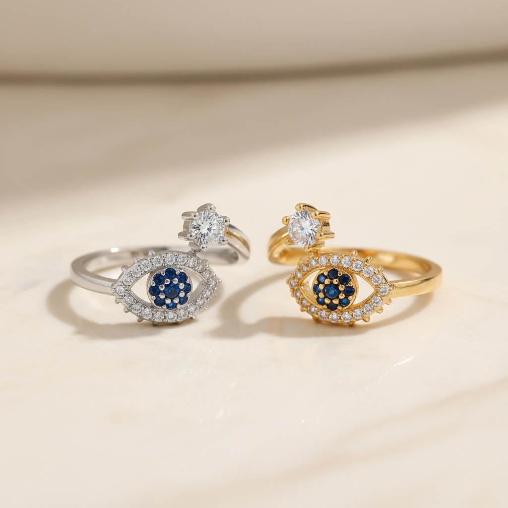 Adjustable Evil Eye Ring in Gold or Silver | CZ Stacking Ring | Dainty Protection Ring | Thin Delicate Good Luck Charm
