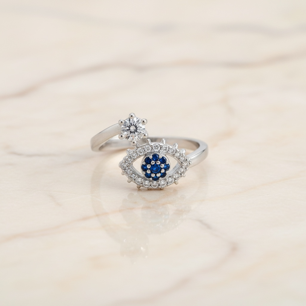 Adjustable Evil Eye Ring in Gold or Silver | CZ Stacking Ring | Dainty Protection Ring | Thin Delicate Good Luck Charm