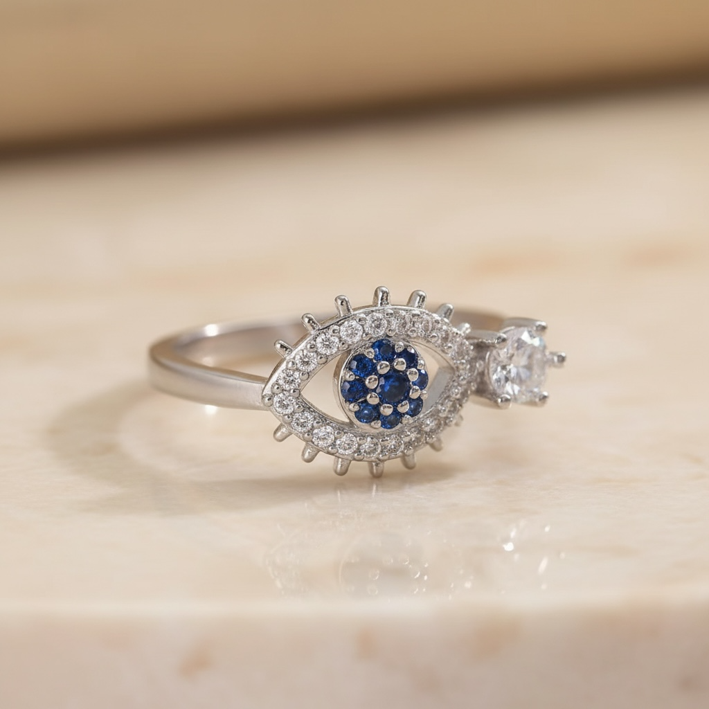 Adjustable Evil Eye Ring in Gold or Silver | CZ Stacking Ring | Dainty Protection Ring | Thin Delicate Good Luck Charm