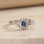 Adjustable Evil Eye Ring in Gold or Silver | CZ Stacking Ring | Dainty Protection Ring | Thin Delicate Good Luck Charm