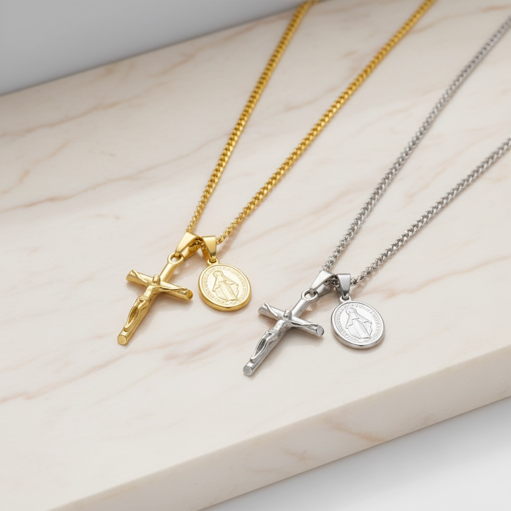 Crucifix Necklace for Men | Gold & Silver Jesus Cross Pendant on Cuban Link Chain | Christian Stainless Steel Cross Chain 20 22 24 Inch