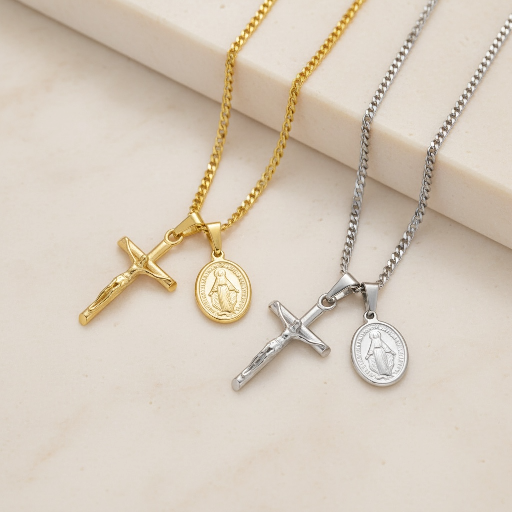Crucifix Necklace for Men | Gold & Silver Jesus Cross Pendant on Cuban Link Chain | Christian Stainless Steel Cross Chain 20 22 24 Inch