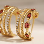 Gold Garnet Triple Hoop Earrings, January Birthstone Huggies, Oval Red Gemstone 18K Gold Stainless Steel Statement Hoops