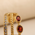 Gold Garnet Triple Hoop Earrings, January Birthstone Huggies, Oval Red Gemstone 18K Gold Stainless Steel Statement Hoops