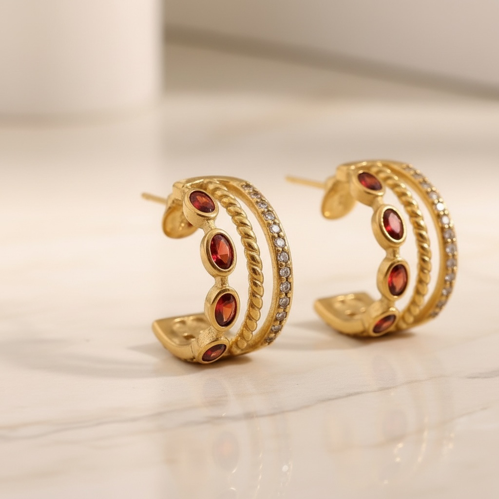 Gold Garnet Triple Hoop Earrings, January Birthstone Huggies, Oval Red Gemstone 18K Gold Stainless Steel Statement Hoops