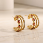 Gold Garnet Triple Hoop Earrings, January Birthstone Huggies, Oval Red Gemstone 18K Gold Stainless Steel Statement Hoops